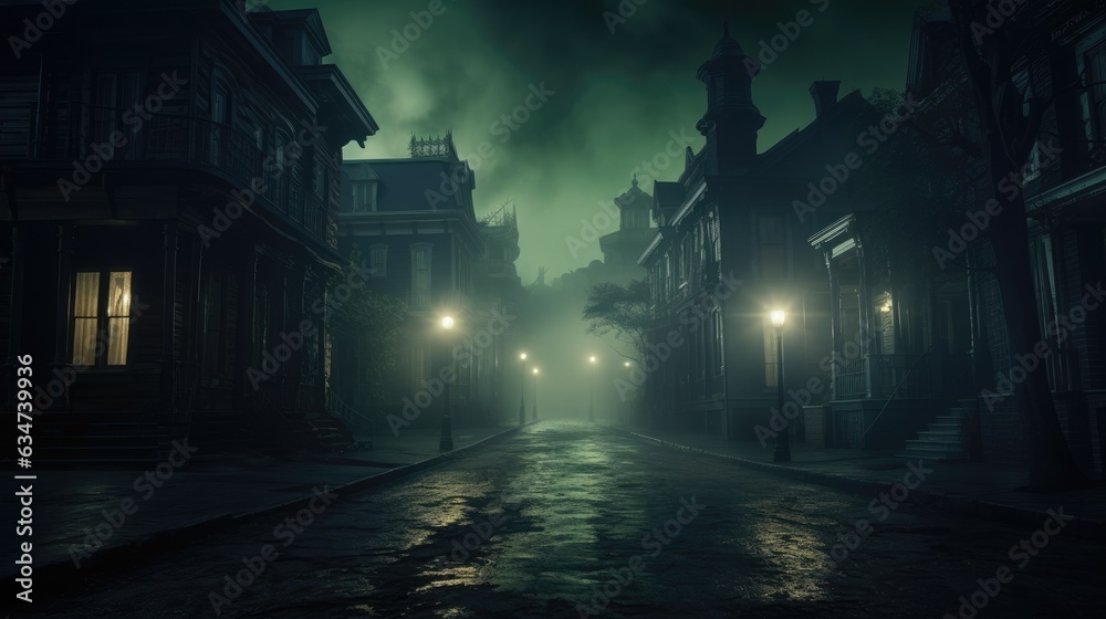 A lonely street lined with Victorian-era homes under a spectral green illumination - obrazy, fototapety, plakaty 