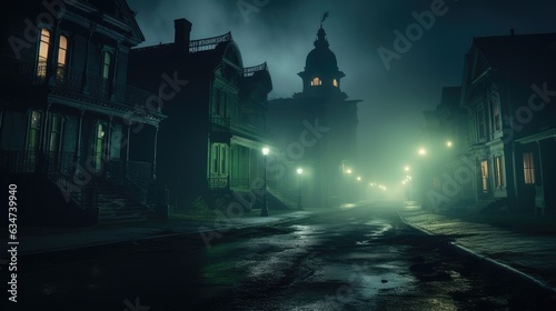 A lonely street lined with Victorian-era homes under a spectral green illumination