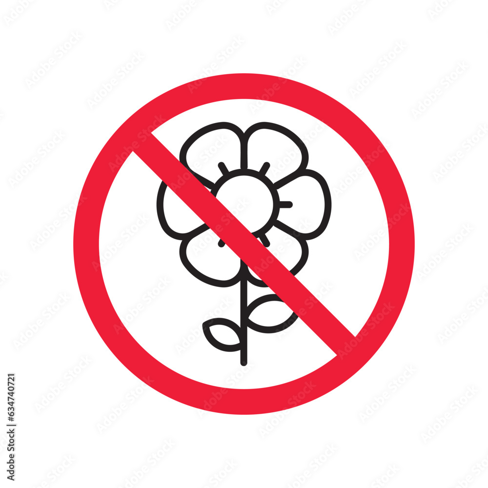 Forbidden flower vector icon. Warning, caution, attention, restriction, label, ban, danger. No flowers flat sign design pictogram symbol. No flowers icon Forbidden flower vector icon. Warning, caution, attention, restriction, label, ban, danger. No flowers flat sign design pictogram symbol. No flowers icon