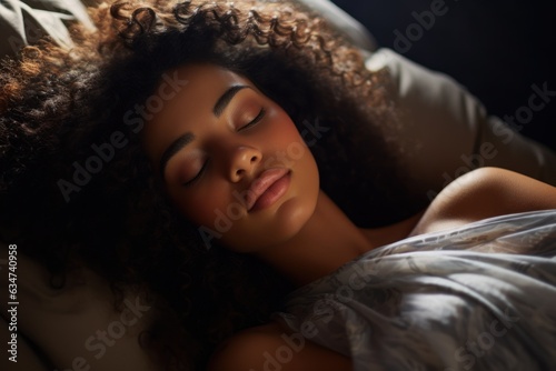 Calm young African American model sleeping well with eyes closed lying in a comfortable bed