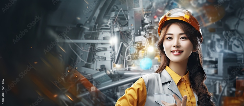 Asian woman engineer with work tools and text supporting women in engineering promoting a happy campaign for career awareness