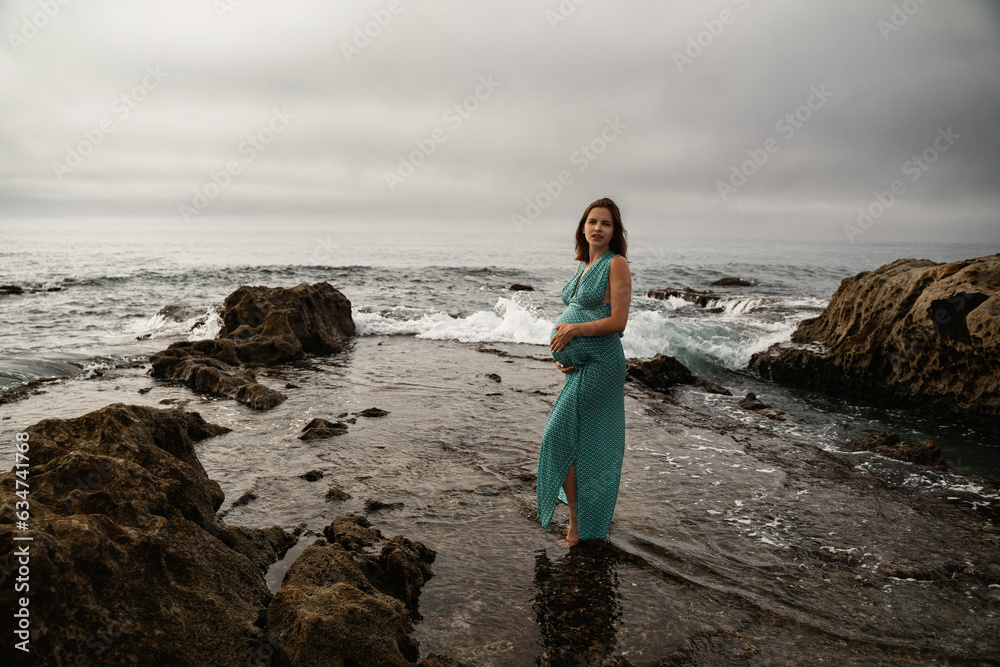 Pregnant woman posing in the long dress at Andalusian coast next to the sea