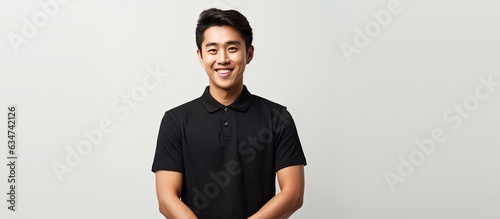 Asian male smiling and holding a blank space dressed in black polo t shirt on white background photo