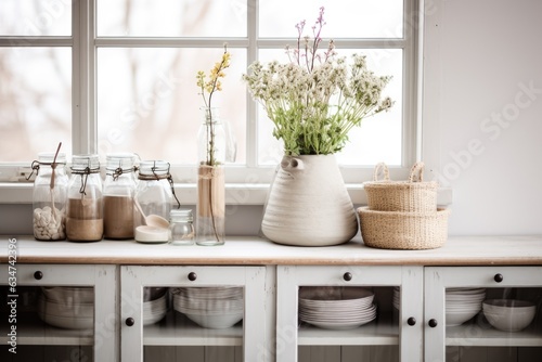 Monochrome kitchen counter with drawers and white top, hanging glass door cabinet, bowls, mugs, flowers in jar and woven bucket, vintage furniture, window shaped mirror.