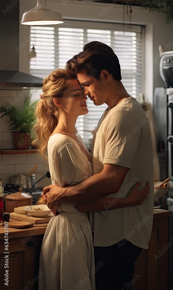 Couple hugging in kitchen while man works on laptop at home empty area for text Couple hugging in kitchen while man works on laptop at home empty area for text