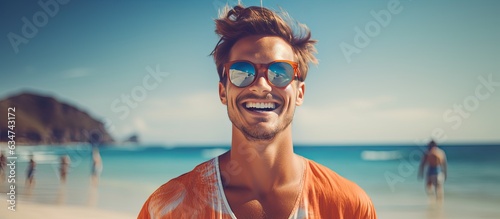 Fotografia Smiling young man wearing sunglasses by the sea conveying message of vacations a