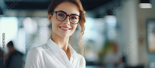 Happy white businesswoman in white shirt and glasses enjoys her job looking at blank space in office Professional life advertisement photo