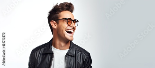 Happy man in stylish glasses smiling on white background trendy outfit room for text