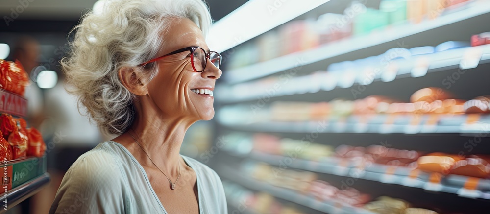Fototapeta premium Elderly woman smiling and selecting quality food in supermarket