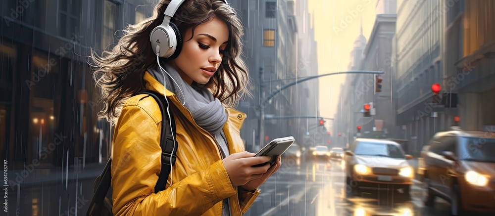 Obraz premium Pretty young student girl waiting for a cab enjoying phone music on large headphones