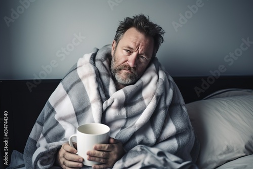 Leinwand Poster Sick Caucasian middle-aged man sits in bed under a plaid blanket