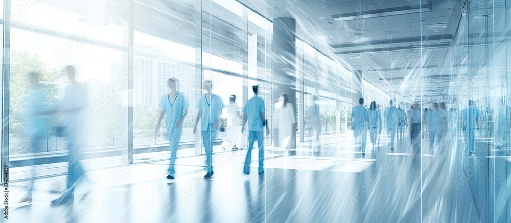 Busy hospital corridor with diverse doctors in motion suitable for medical and healthcare services