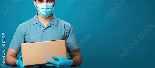 Delivery person with protective gear carrying boxes Fast and free online shopping with express delivery photo