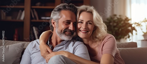 Middle aged couple on couch at home smiling and embracing enjoying weekend together in cozy living room