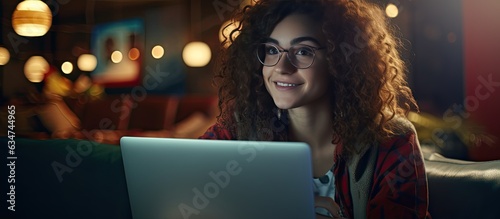 A hipster girl is enjoying a movie online at home on her laptop with a fast internet connection leaving a blank space on the computer screen