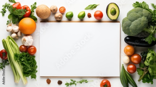 Digital tablet computer with mockup white screen on vegetarian healthy food vegetable background. Online grocery shopping delivery app ads concept,