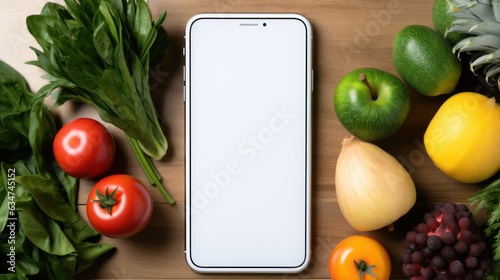 Digital tablet computer with mockup white screen on vegetarian healthy food vegetable background. Online grocery shopping delivery app ads concept,