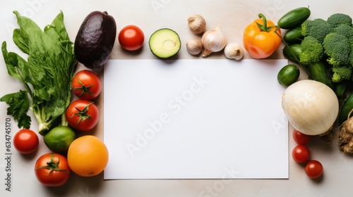 Digital tablet computer with mockup white screen on vegetarian healthy food vegetable background. Online grocery shopping delivery app ads concept,