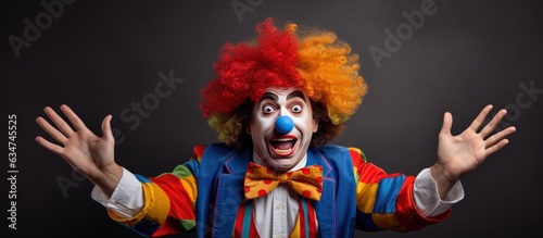 Portrait of a comical clown man in a colorful costume with a shocked expression posing in various ways on a isolated background