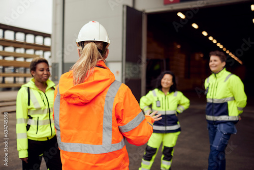 Rear view of female engineer in protective workwear discussing with workers at factory photo