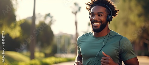 Fit happy African American man with earbuds and smartwatch jogging in green park listening to music full length photo