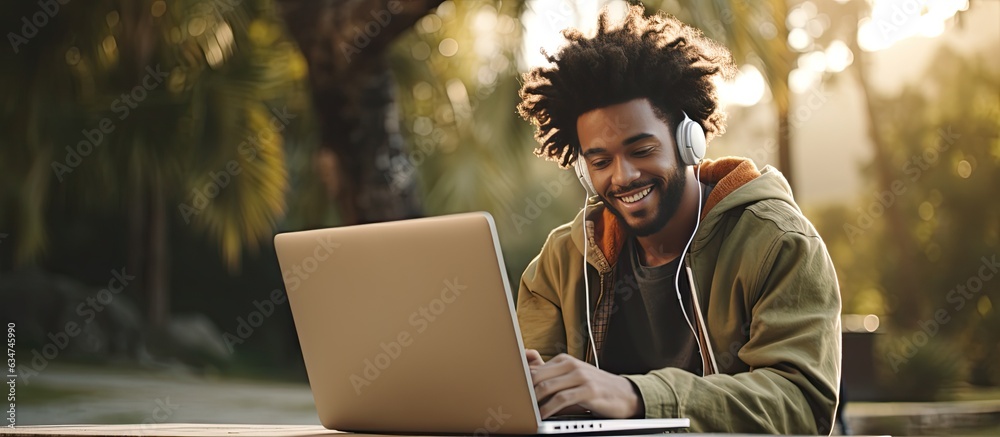 Black person smiling while using laptop outdoors in park and surfing the internet Black person smiling while using laptop outdoors in park and surfing the internet