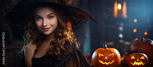 Teenage girl in witch costume with pumpkin basket Colorful lighting Copy space