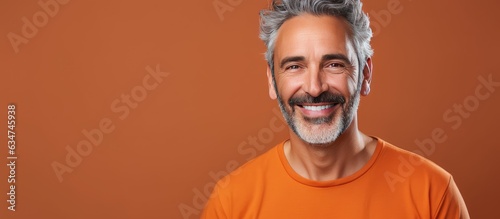Confident middle aged man proudly smiling displaying contentment on blank area