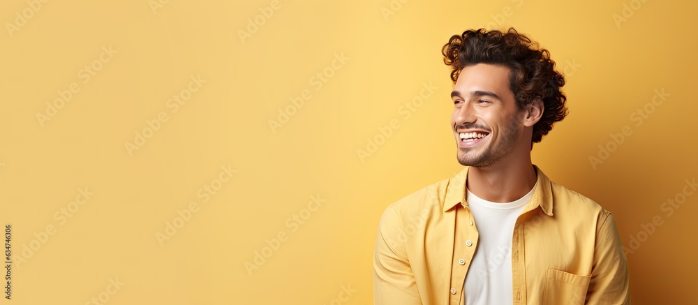 A content attractive young man happily holding an object in a blank area A content attractive young man happily holding an object in a blank area