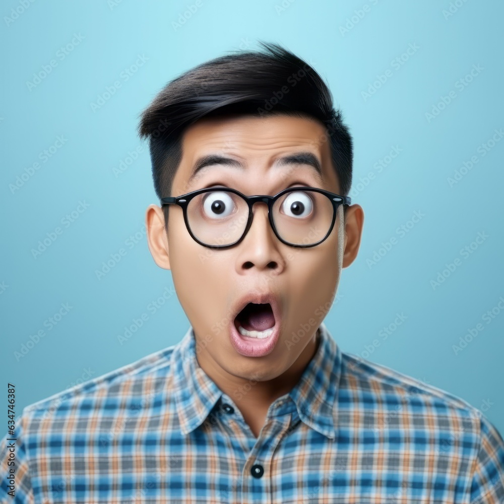 Portrait of a surprised Asian man with open mouth and big eyes. Closeup ...