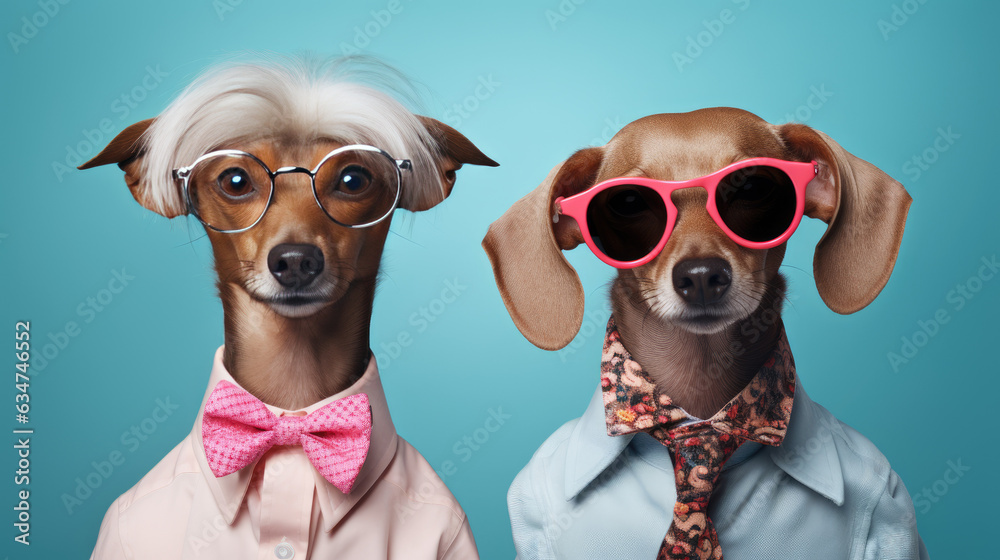 Two Cute Anthropomorphic Dogs in Fashionable Pastel Colors Suits