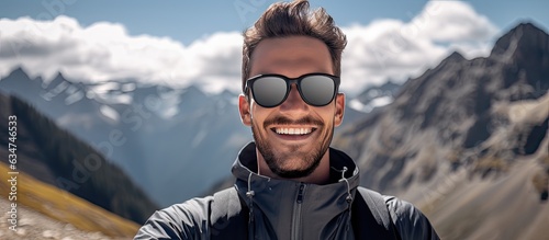 A young Caucasian hiker takes a selfie while wearing sunglasses emphasizing happiness vacation and technology