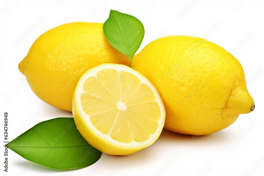 Lemons with green leaves isolated on white background.