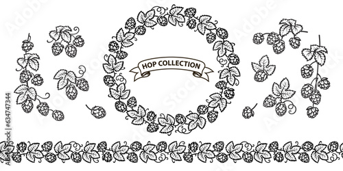 Set of beer hop branches, cones, beer hop seamless border and decorative wreath of hop. Vector illustration.