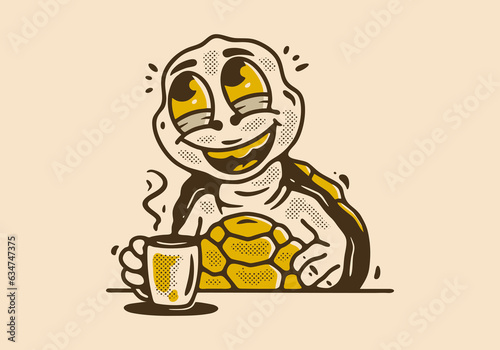 mascot character illustration of turtle drink a coffee while daydreaming