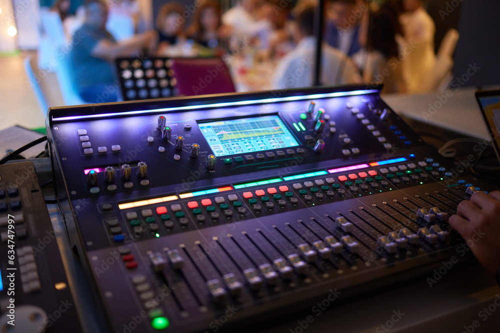 Sound mixer. Professional audio mixing console with lights, buttons ...