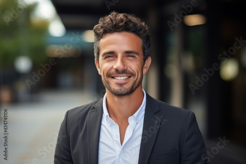 Happy young Latin businessman looking at a camera in the office, headshot portrait.