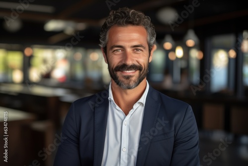 Happy young Latin businessman looking at a camera in the office, headshot portrait.