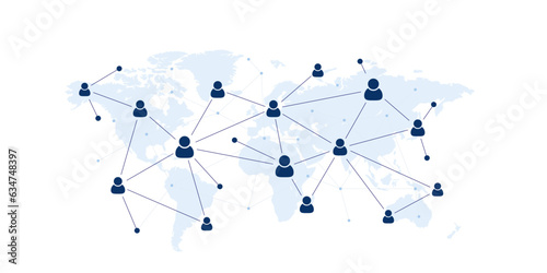 Social user network, people network illustration. Dots connected lines create network with world map background