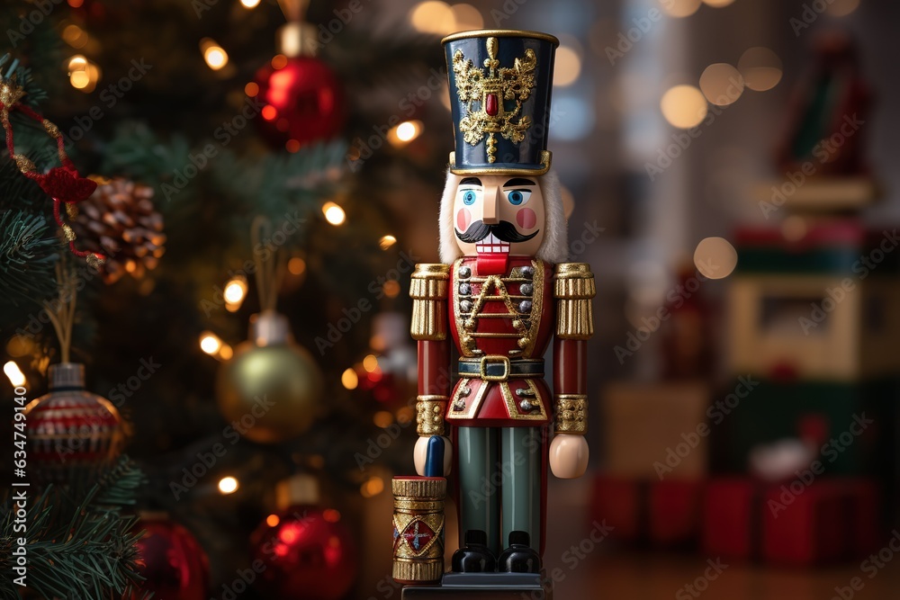 Obraz premium Wooden nutcracker on the background of a Christmas tree. Wooden, children's, Christmas toy. Close-up.