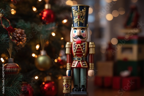 Wooden nutcracker on the background of a Christmas tree. Wooden, children's, Christmas toy. Close-up.