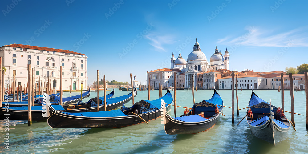 Concept romantic travel banner. Canal with gondolas in Venice, Italy. Generation AI.