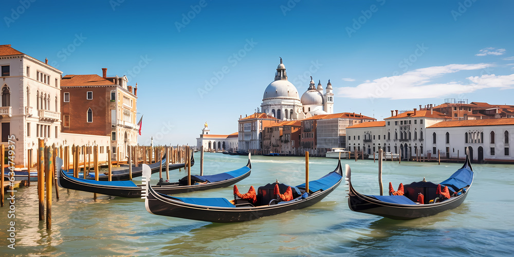 Concept romantic travel banner. Canal with gondolas in Venice, Italy. Generation AI.