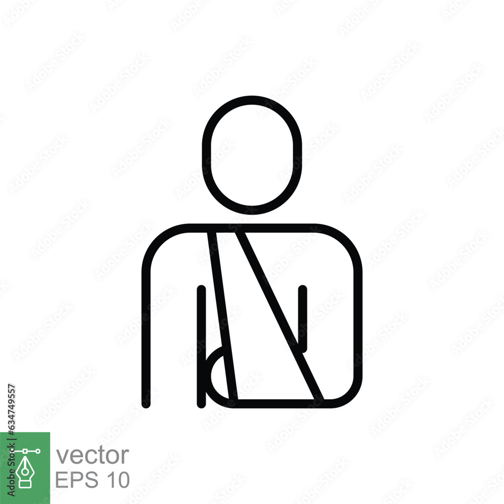 Injured man in bandage icon. Simple outline style. Broken arm, patient, injury, person, wound, medical concept. Thin line symbol. Vector illustration isolated on white background. EPS 10.