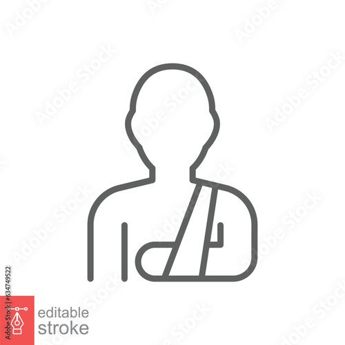 Injured man in bandage icon. Simple outline style. Broken arm, patient, person, wound, medical concept. Thin line symbol. Vector illustration isolated on white background. Editable stroke EPS 10.