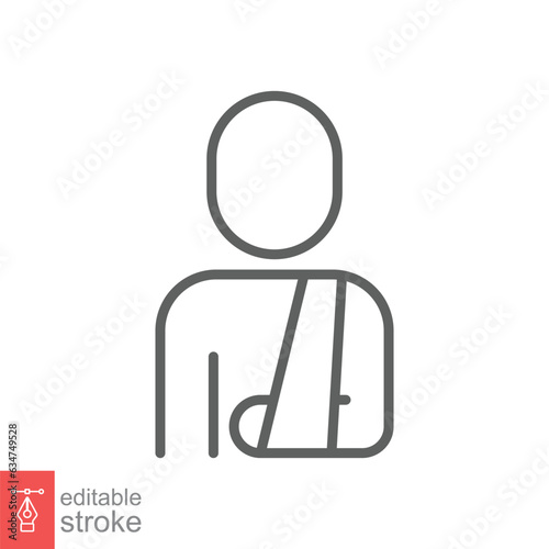 Injured man in bandage icon. Simple outline style. Broken arm, patient, person, wound, medical concept. Thin line symbol. Vector illustration isolated on white background. Editable stroke EPS 10.