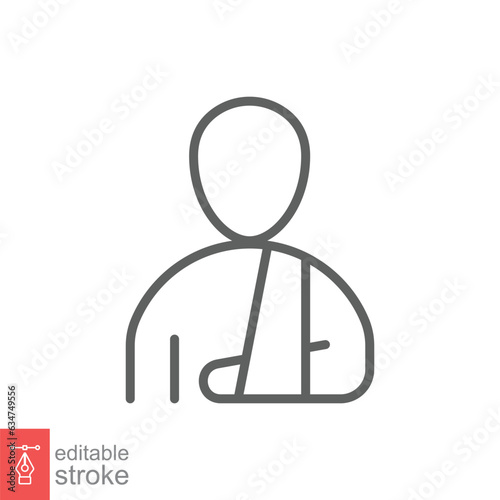 Injured man in bandage icon. Simple outline style. Broken arm, patient, person, wound, medical concept. Thin line symbol. Vector illustration isolated on white background. Editable stroke EPS 10.