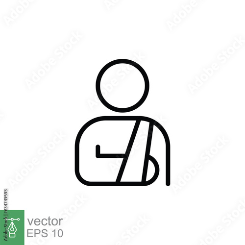 Injured man in bandage icon. Simple outline style. Broken arm, patient, injury, person, wound, medical concept. Thin line symbol. Vector illustration isolated on white background. EPS 10.