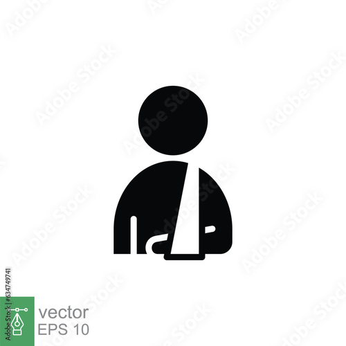 Injured man in bandage icon. Simple solid style. Broken arm, patient, injury, person, wound, medical concept. Black silhouette, glyph symbol. Vector illustration isolated on white background. EPS 10.