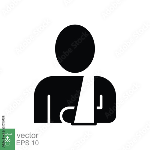 Injured man in bandage icon. Simple solid style. Broken arm, patient, injury, person, wound, medical concept. Black silhouette, glyph symbol. Vector illustration isolated on white background. EPS 10.